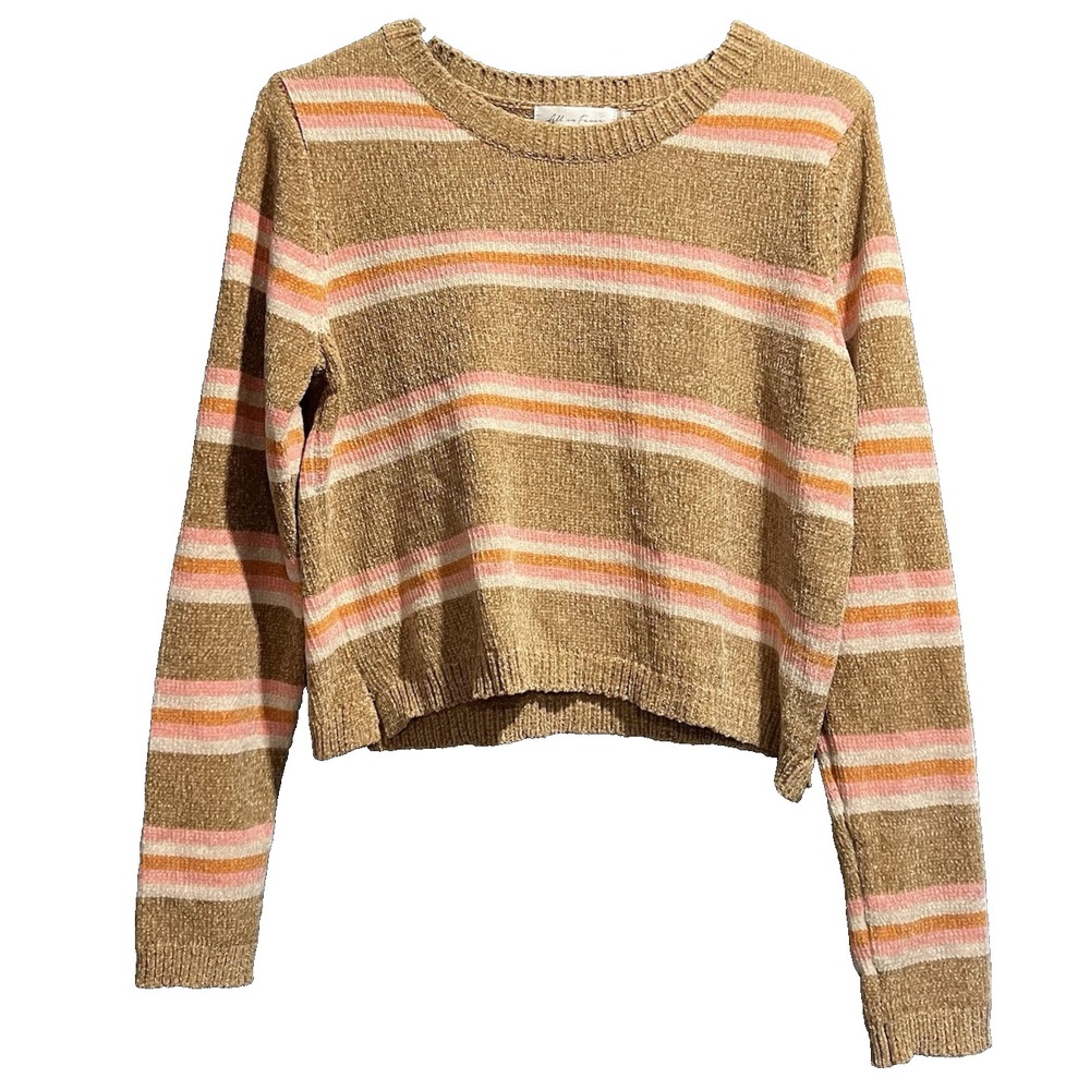 All in Favor Sweater Women's Size Large Brown Striped Cropped Long Sleeve  SOFT